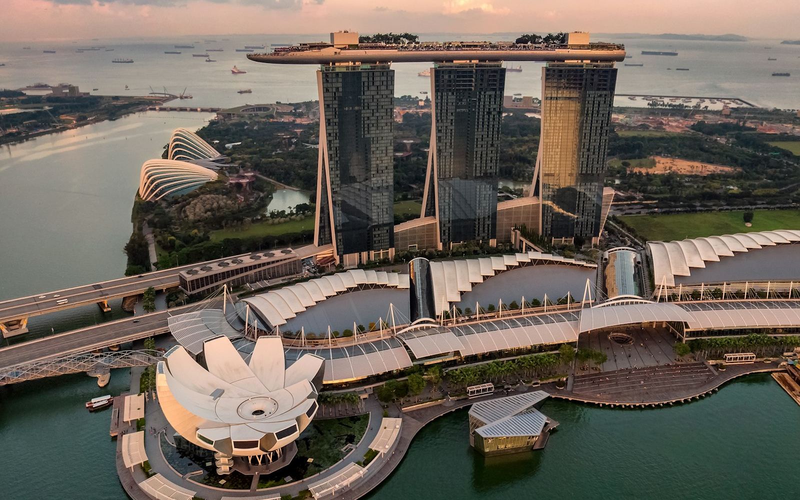 Aerial view of Singapore's Marina Bay at dusk